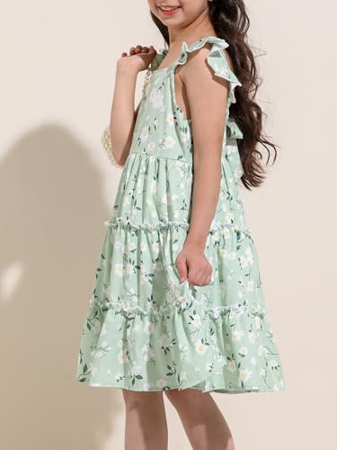 Girl Summer Dress Floral Ruffle Sleeve A Line Swing Casual Dresses Tie Back Cute Tiered Sundress 4-12Y4