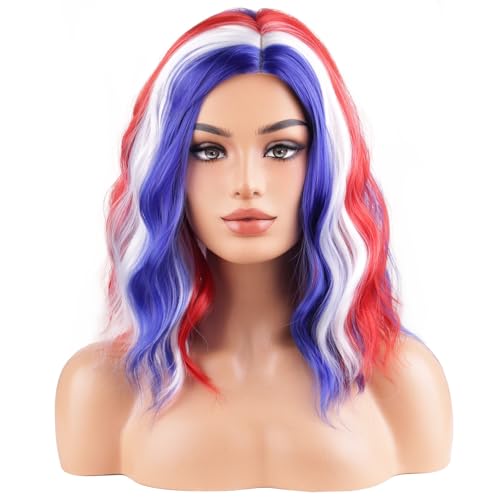Image of BERON 4th of July Wigs for Women Short Curly Wavy Red White Blue and Mixed Wavy Wig Girls Flag Wig Heat Resistant Synthetic Costume Independence Day Cosplay Party Wigs
