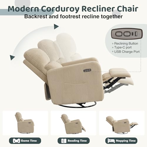 Image of Swivel Rocker Recliner, Oversized Power Recliner Nursery Glider with Removable Cushion, Upholstered Corduroy Swivel Reclining Chairs for Nursery Living Room Bedroom, Camel