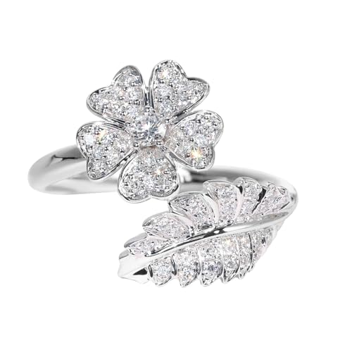 OIDIMS Dainty Flower Ring for Women Sparkling Crystal Cubic Zirconia Elegant Floral Leaf Wrap Finger Band Wedding Rings Engagement Promise Ring Bands Comfort Fit Fashion Jewelry