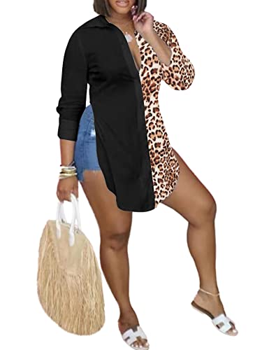 Image of LYANER Women's Collar Neck Long Sleeve Button Down Shirts Sexy Split Hem Tops Long Blouse Shirt Dress