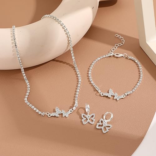 E Emzhole 3 Pieces Silver Butterfly Necklace Bracelet Dangle Earrings Set,Butterfly Pendant Necklace White Plated Jewelry Set With Aaa Cubic Zirconia,Rhinestone Cuban Necklace Bling Charm Butterfly Hoop Earrings For Women thumb #2