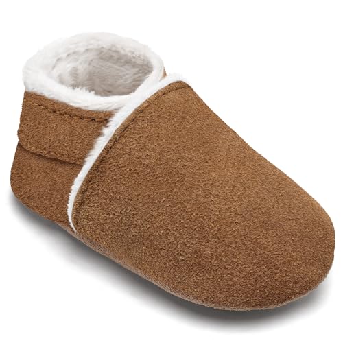 Scarpe Primi Passi Bimba Bimbo Invernali Scarpine Primi Passi Bambina Scarpine in Pelle Bambino Calda Fodera Pantofole Bambini(Castagno Peluche, 6-12 Monate)