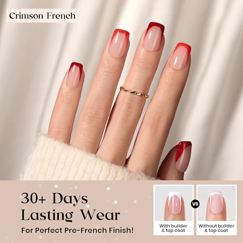 Image of Beetles X Press Plus Red French Tip Nails - Crimson French | 5 Colors Press On Nails Short Square | 160Pcs 16 Sizes All-in-One Kit Acrylic Nail with Nail Glue,Remover,Builder Top Coat,Nail Lamp Gift