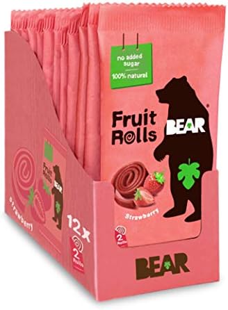 BEAR Real Fruit Snack Rolls - Gluten Free, Vegan, and Non-GMO - Strawberry – Healthy School And Lunch Snacks For Kids And Adults, 0.7 Ounce (Pack of 12)
