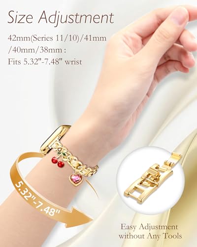 Image of Slim Gold Metal Band Compatible with Apple Watch Bands for Women 38mm 40mm 41mm 42mm 44mm 45mm 46mm, Dressy Designer Charm Bracelet Thin iWatch Bands for SE 3 2 1 Series 11 10 9 8 7 6 5 4 3 2