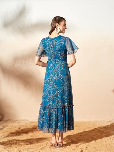 Image of Miss Chase Women's Floral V-Neck Flutter Sleeve Wrap Chiffon Maxi Dress
