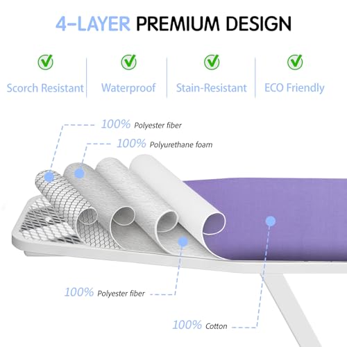 BNDX 15"x54" Ironing Board Cover for Apartments – Lavender Color with Thick Padding, 2" Elastic Edge & Dual Buckles, Scorch & Stain Resistant, Easy Installation