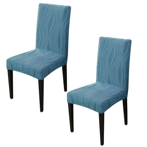 Image of HOKIPO 200 GSM Stretchable Knitting Jacquard Chair Cover Set of 2,'Nestiva Series' Sea Blue (AR-6072-BL)