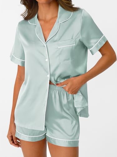 Image of AUTOMET Women Silk Satin Fall Pajama Set Matching Lounge Pjs Button Up Soft 2 Piece Suit Ladies Tops and Shorts