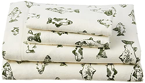 Image of Eddie Bauer - Flannel Sheets Queen Size, Anti-Pilling & Wrinkle Resistant Cotton, Touchably Soft for All-Season Comfort - Bed Sheets with Matching Pillowcases & Fitted Sheet (School of Fish Green)