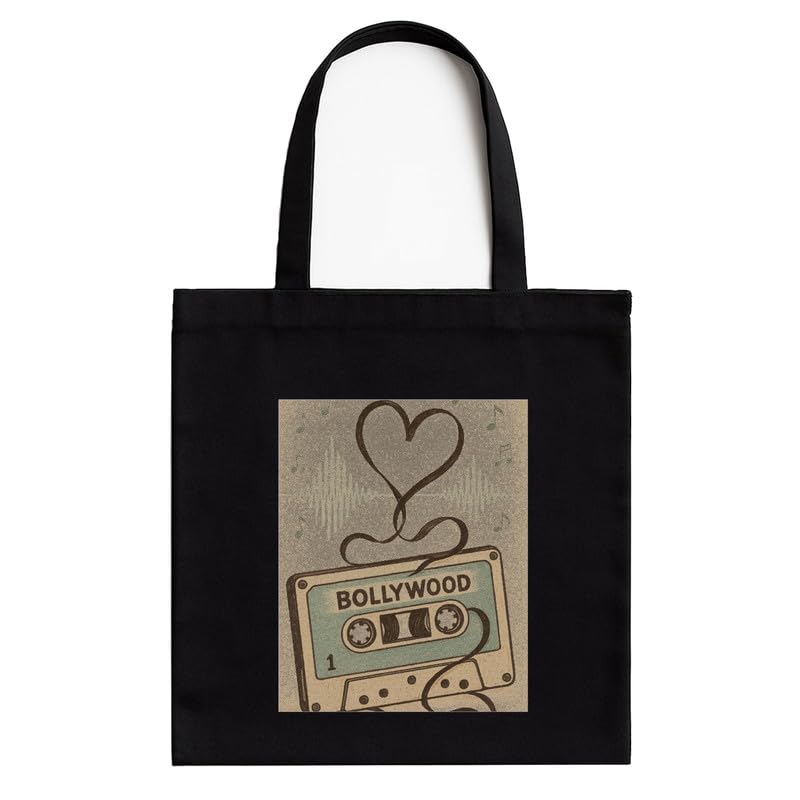 Black Cotton Tote Bag with A4 Printable Pocket, Bollywood Meme Print, Zipper Closure, Trendy Eco-Friendly Shoulder Bag for Pop Culture Fans