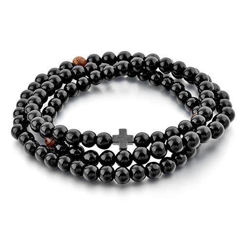 Christian Prayer Beads Rope Bracelet – 100 Black Glass Beads + 3 Wooden Beads + Hematite Cross – Women Men – 6 MM Black Glass 100 Bead