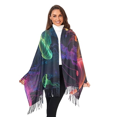 Vnurnrn Cashmere Feel Scarf for Women, Soft Warm Single-sided Rainbow Jellyfishes Print, Fashion Pashminas Shawl Wrap Large Size with Tassels