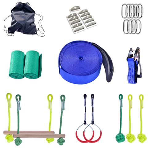 Slackline Kit for Kids and Adults, Obstacle Course for Kids Backyard, 40 ft Balance Rope with 7 Adjustable Obstacles - Outdoor Slackline Kit Playset Equipment for Girls & Boys with Carry Bag (Blue)