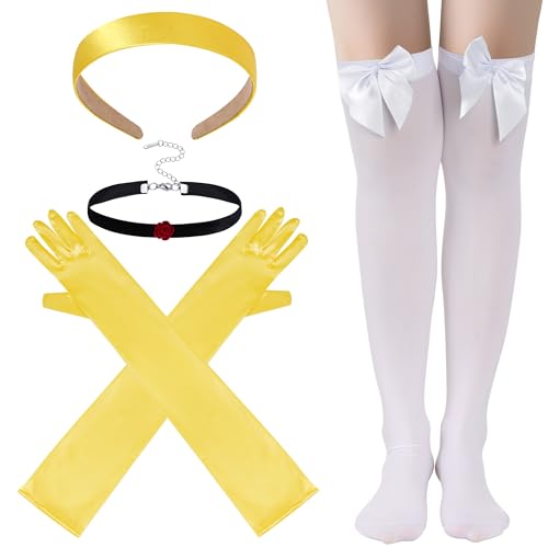 obmwang Women Princess Costume Accessories Princess Headband Long Gloves Choker Satin Bow Stockings Set for Halloween Cosplay Party