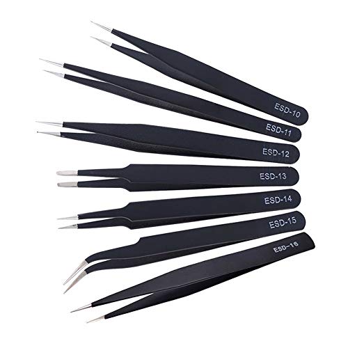 6 PCS Precision Tweezer Set, With ESD Anti-static Stainless Steel, Curved Tweezers Set for Electronics, Craft, Jewellery, Laboratory Work and Ingrown Hair Soldering, etc