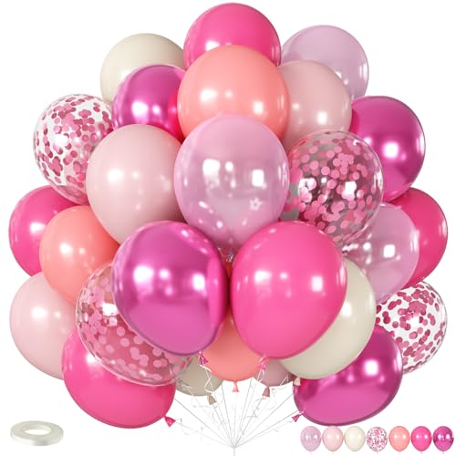 Image of Shades of Pink Balloons 12 Inch, Hot Pearl Light Pastel Baby Dark Bright Pink Sand Latex Balloons with Metallic Magenta Pink Confetti Balloon for Princess Theme Birthday Wedding Bridal Shower Party