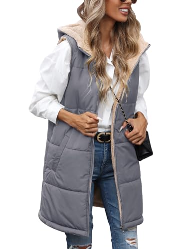 RITOSTA Chaleco Acolchado Mujer Invierno Largo Chaquetas Reversible sin Mangas Abrigos con Capucha Térmico Chaquetones Otoño Parka Cálido Felpa Puffer Outwear con Cremallera(Azul grisáceo,XXL)