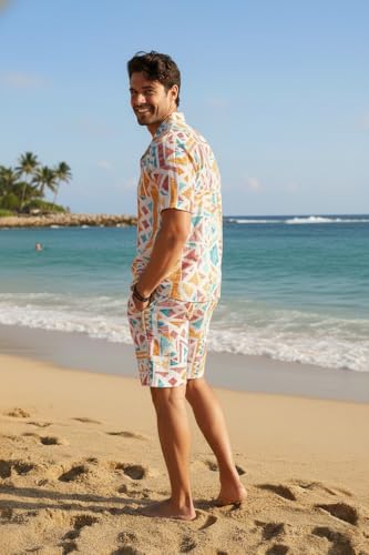 Image of Zilcon Men's Matching Set Summer Beach 2 Piece Outfits Floral and Palms Button Down Shirts and Shorts Goa Vacation Outfits