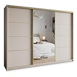 Masseno Schwebetürenschrank VARO 270/205/60 cm Kleiderschrank mit Schubladen Schlafzimmer Schiebetürenschrank 3-türig mit Spiegel Kaschmir + Gold