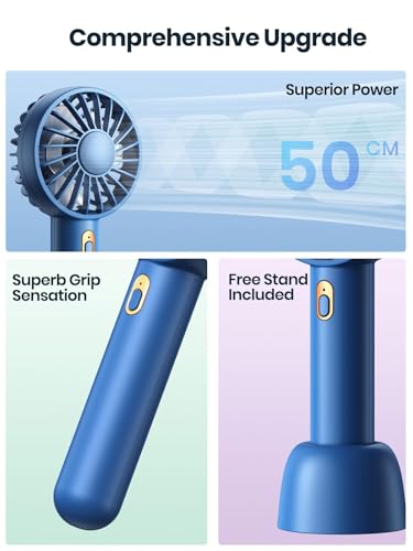 Image of TOPK Mini Portable Handheld Fan, USB Rechargeable 3 Speed Personal Small Desk Fan with Base Lightweight Makeup Travel Beach Indoor Outdoor for Stylish Girl Women (Blue)