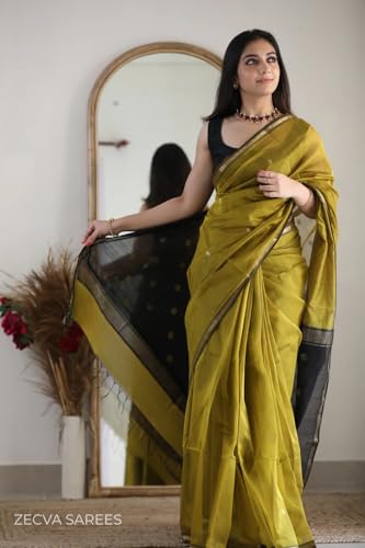 Image of ZECVA Women's Pure Soft Spun Cotton Lichi Silk Saree For Women With Attach Unstitch Blouse Piece