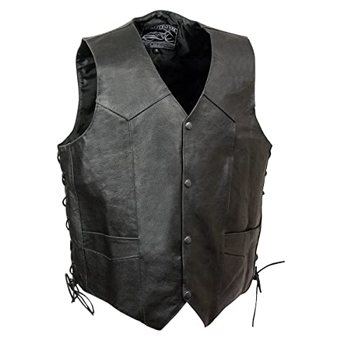 ELM3900 Men's Motorcycle Riders Black Leather Vest with Embossed Native American Head2