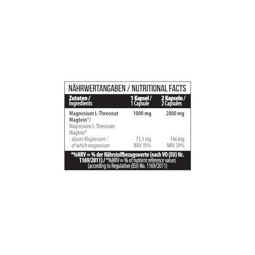 MST® Nutrition Magnesium L-Threonate 1000 mg pro Kapsel - L-Threonate 2000 mg pro Potrion hochdosiert – Magnesiumpräparat mit Magtein® (60 Kapseln)