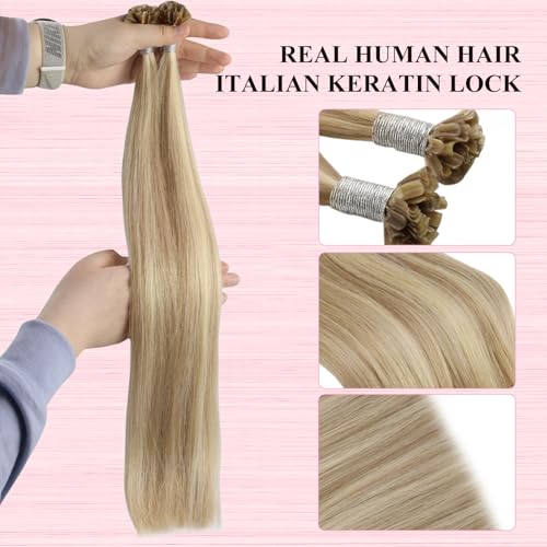Image of YoungSee U Tip Hair Extensions Blonde Highlight Remy Human Hair Utips Extensions Blonde U Tips Hair Extension Human Hair Highlight Ktip Hair Extension for Women Hot Fusion 20In 1G /S 50G