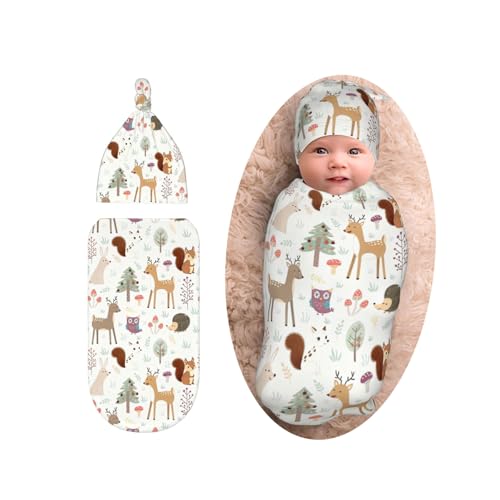 Image of Sozzjile Cute Animals Deer Swaddle Blanket with Beanie Set, Woodland Theme Baby Stuff Newborn Blanket Swaddle Sack for Girls Boys