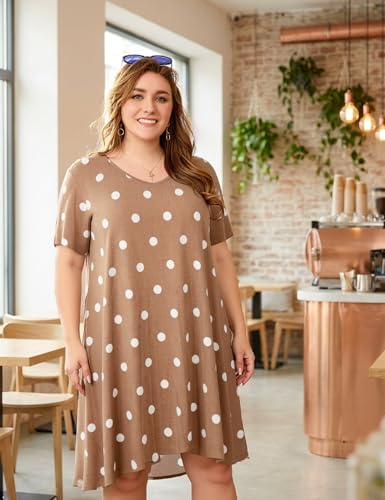 Image of OVERWORETY Womens Short Sleeve Plus Size T-Shirt Dress V Neck Casual Loose Swing A-Line Summer Tunic Dresses with Pockets
