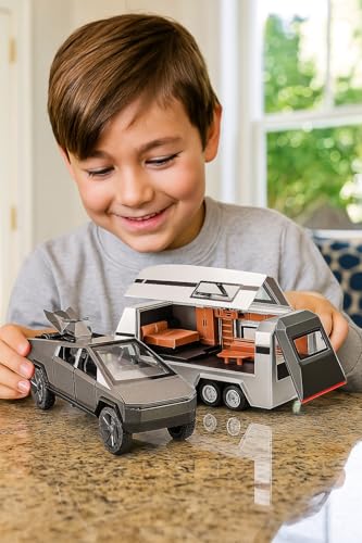 Image of DREAMY DEN Tesla Cybertruck with Pickup Trailer | 1:32 Scale Luxury Alloy Die-Cast Model Car with Lights & Music | Pull Back Action Toy Car with Trailer