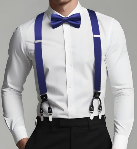 Image of Dubulle Suspender and Bow Tie for Men Paisley Solid Mens Suit Braces Pretied Bowtie and Handkerchief Cufflinks Formal Wedding