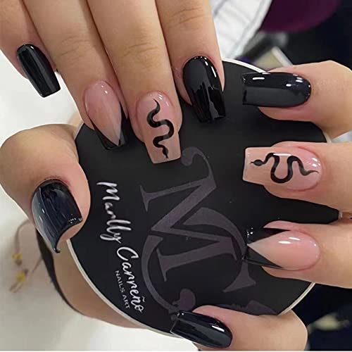 Black Press on Nails Medium,KXAMELIE Glue on Nails Square with Snake French Tips Designs Glossy Reusable Fake Nails Acrylic Stick on Nails for Women Girls Daily Wear in 12 Sizes,24Pcs