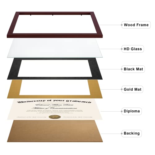 Image of upsimples Diploma Frame with HD Glass, 11x14 Mahogany, 2 Pack | Certificate Degree Frame, Fits 8.5 x 11 with Mat, Graduation Gift for Wall and Tabletop, Black & Gold Double Mats