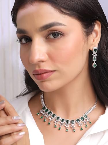 Image of Yellow Chimes Jewellery Set for Women and Girls American Diamond Jewellery Set | Rosegold Rhodium Plated AD Necklace Set for Women | Birthday Gift for Girls & Women