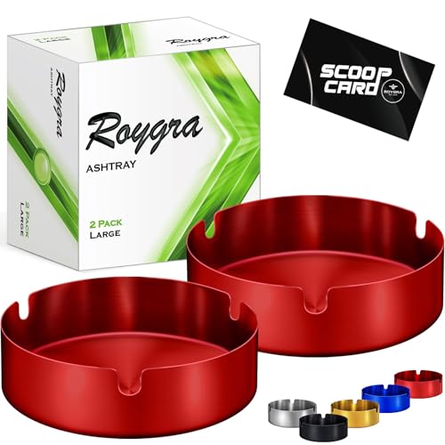 roygra Ash Tray (2 Pack), Outdoor Ashtray for Outside Patio, Stainless Steel Ashtrays for Cigarettes with 3 Holder, Smoking Accessories, Home Décor, Ashtrays for Smokers Indoor - Red, Large