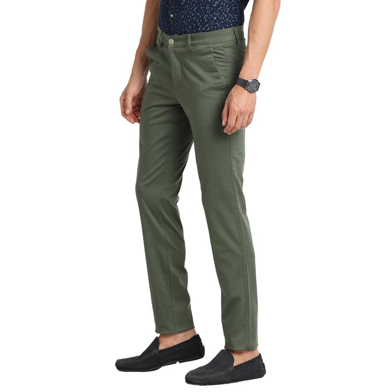 Image of Turtle Men Cotton Stretch Olive Printed Narrow Fit Flat Front Casual Trouser