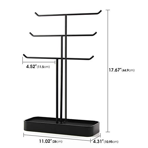 JackCubeDesign Metal 3 Tier Jewelry Display Stand Tree Organizer Necklace Holder Rack Hanger Accessory Tower with Earring Ring Tray Storage for Dresser, Vanity, Tabletop, Bedroom (Black) -MK320D - Thumbnail 6
