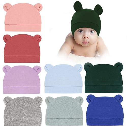 8 Pack Newborn Baby Hat with Ears, Unisex Baby Beanie Hat for Baby Girls Boys 0-6 Months