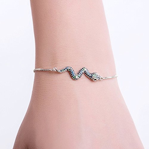 Karseer Snake Shape Bracelet With Adjustable Sliding Metal Knot & Cubic Zirconia Charm Tassel, Color Crystals Micro Paved Animal Jewelry Gift For Girls And Women, White Gold #TOP1