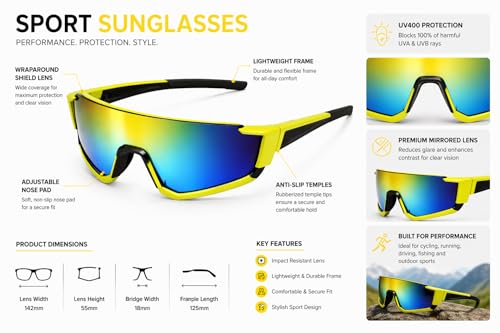 Image of ALNA-TURA Sport Sunglasses for Men & Women UV400 Protection | Cycling Running Driving Goggles | Wraparound Shield Design | Anti-Glare Mirrored Lens | Lightweight Outdoor Sports Eyewear