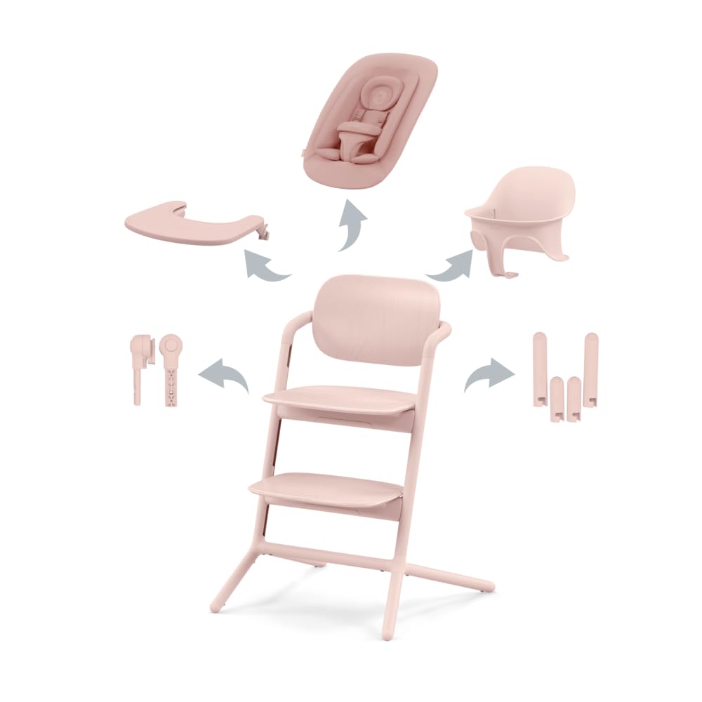 CYBEX Gold LEMO Hochstuhl 4in1-Set, Mitwachsend, 0 - 99 Jahre, Ab Geburt, Inkl. Bouncer Nest, Baby-Set, Snack Tray, Neugeboreneneinlage und Adapter-Set, Buchenholz/Aluminium/Kunststoff, Pearl Pink