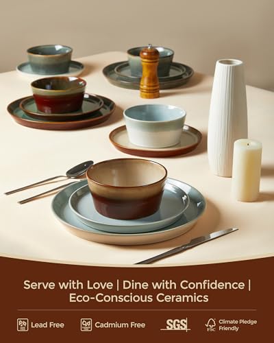 Image of Pokini Ceramic Plates and Bowls Sets for 6, 18pcs Dinnerware Sets, Dish Set