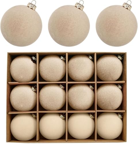 Velvet Christmas Baubles - 12 Pcs 60mm Large Xmas Tree Ornaments Hanging Balls With Hanging Loop - Shatterproof Personalized Decorations Apricot One Size