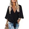 luvamia-Womens-Casual-V-Neck-Tops-34-Sleeve-Tie-Knot-Blouses-Solid-Button-Down-Shirts luvamia Women's Casual V Neck Tops 3/4 Sleeve Tie Knot Blouses Womens Holiday Tops Womens Tops Dressy Casual Tops for Women Casual Elegant Button Down Shirt Black Size Large Fits Size 12 / Size 14