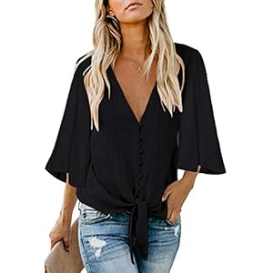 luvamia Women's Casual V Neck Tops 3/4 Sleeve Tie Knot Blouses Womens Holiday Tops Womens Tops Dressy Casual Tops for Women Casual Elegant Button Down Shirt Black Size Large Fits Size 12 / Size 14