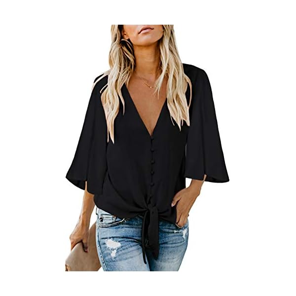 luvamia-Womens-Casual-V-Neck-Tops-34-Sleeve-Tie-Knot-Blouses-Solid-Button-Down-Shirts luvamia Women's Casual V Neck Tops 3/4 Sleeve Tie Knot Blouses Womens Holiday Tops Womens Tops Dressy Casual Tops for Women Casual Elegant Button Down Shirt Black Size Large Fits Size 12 / Size 14