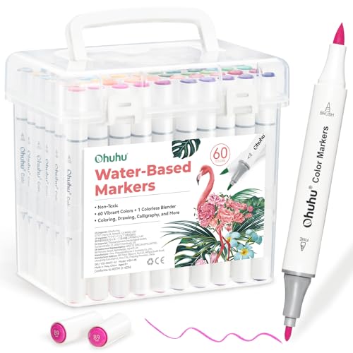 Ohuhu Markers for Adult Coloring Books No Bleeding 60 Colors Water-based Dual Tips Coloring Markers for Kids Adults Beginners Drawing Pens for Journaling Lettering (Brush & Fine)